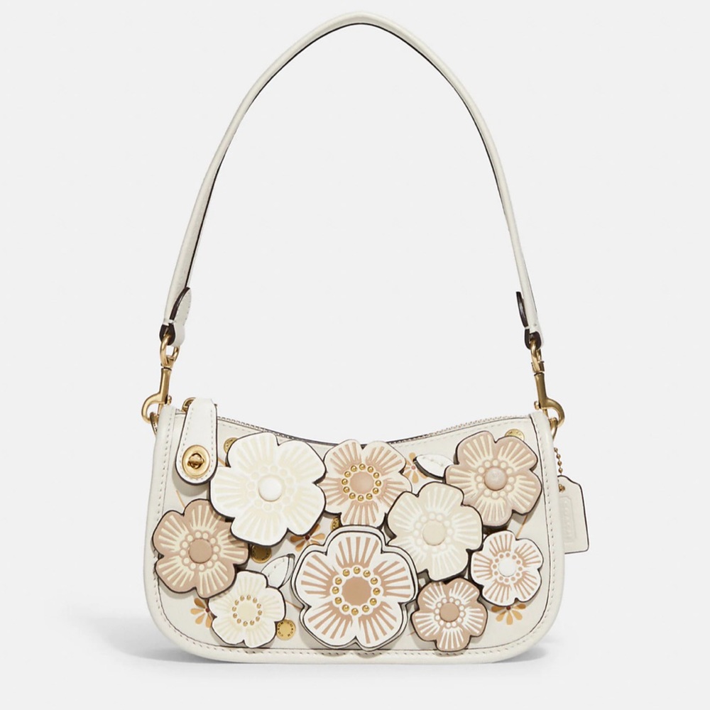 Coach Shoulder Bag with Floral Design in Cream and Tan